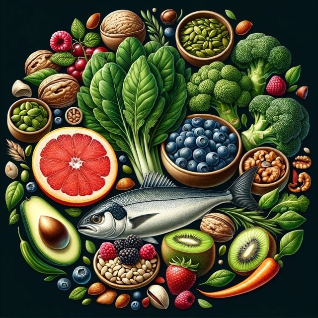 zelená listová zelenina, bobuľové ovocie, orechy, semienka a mastné ryby